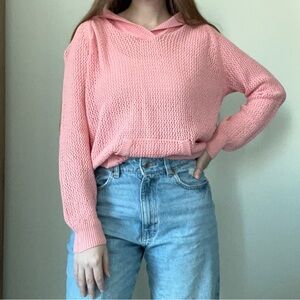 Linen Cotton Blend Open Knit Pink Coastal Beachy Hoodie Sweater M